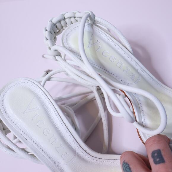 VICENZA Woven Ankle Lace Sandals White Open Square Toe Heel Women's 7 - Picture 3 of 9